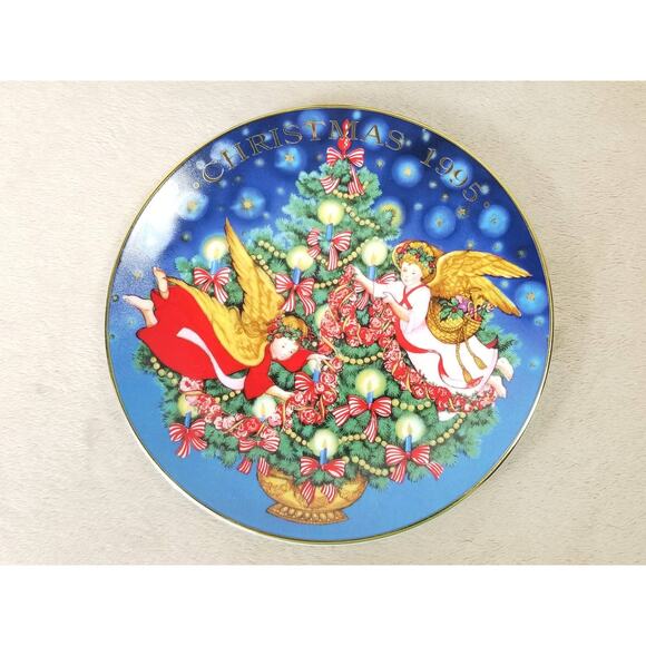 Christmas Plate 1995 Trimming The Tree Peggy Toole Porcelain Trim 22k Gold Vtg - Picture 12 of 12